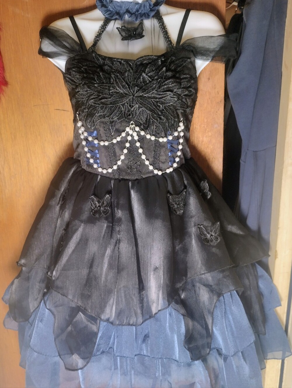 Black & Navy Elegant/ Gothic Lolita Dress with Butterfly Appliqués